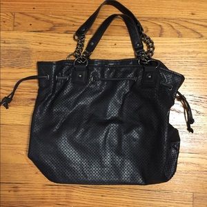 Black faux leather drawstring purse